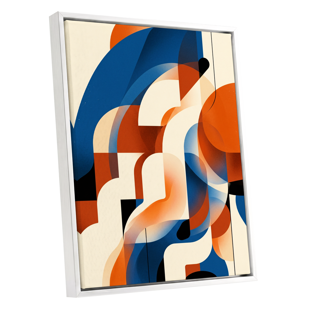 Arc Current, blue, orange, beige abstract wall art shown as a white framed canvas wall art