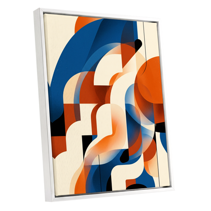 Arc Current, blue, orange, beige abstract wall art shown as a white framed canvas wall art