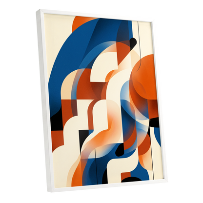 Arc Current, blue, orange, beige abstract wall art shown as a white framed poster wall art print