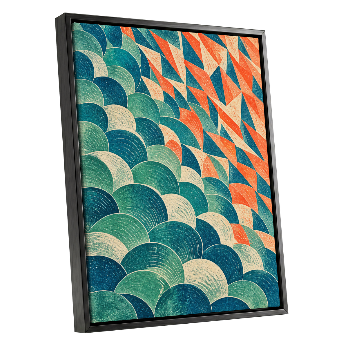 Arc & Ember, blue, green, beige abstract wall art shown as a black framed canvas wall art