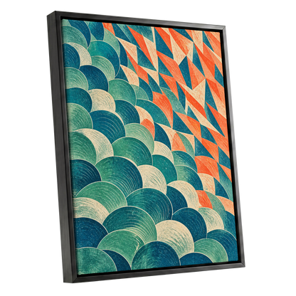 Arc & Ember, blue, green, beige abstract wall art shown as a black framed canvas wall art