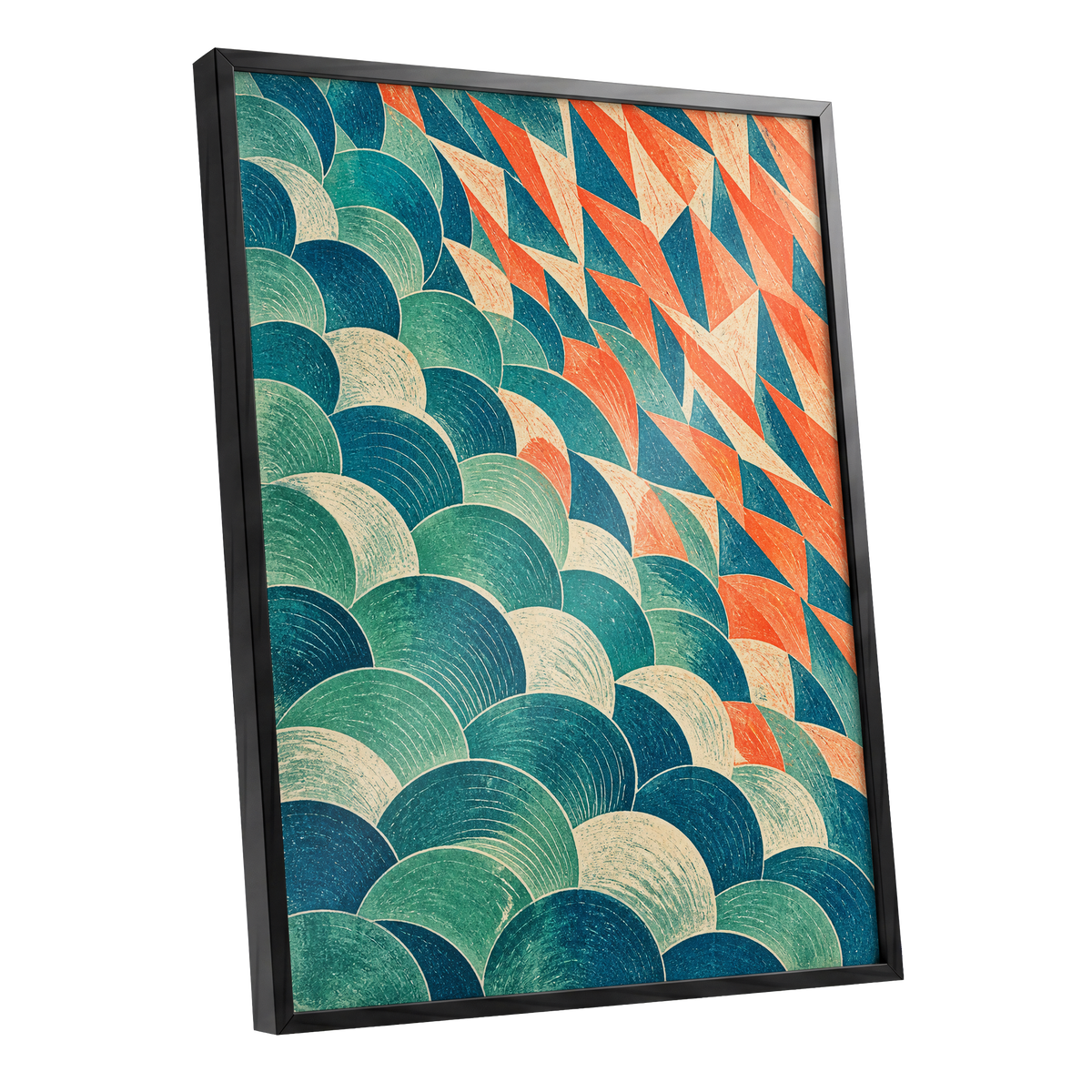 Arc & Ember, blue, green, beige abstract wall art shown as a black framed poster wall art print