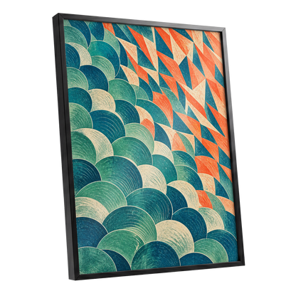 Arc & Ember, blue, green, beige abstract wall art shown as a black framed poster wall art print