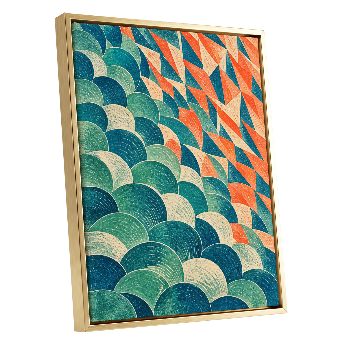 Arc & Ember, blue, green, beige abstract wall art shown as a gold framed canvas wall art