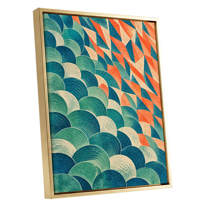 Arc & Ember, blue, green, beige abstract wall art shown as a gold framed canvas wall art