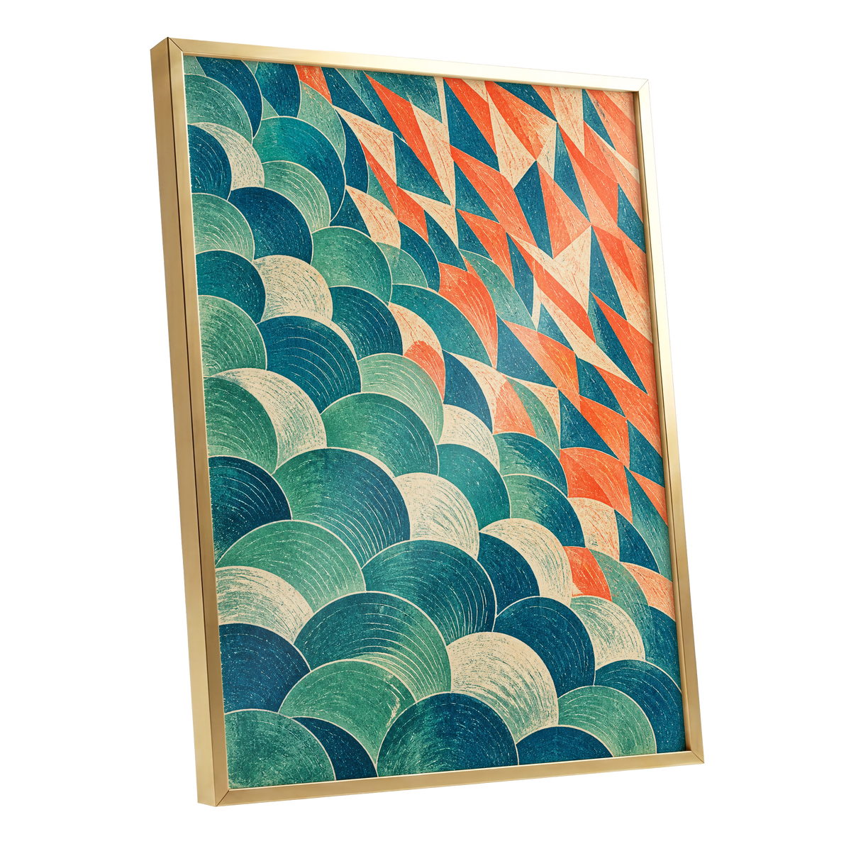 Arc & Ember, blue, green, beige abstract wall art shown as a gold framed poster wall art print