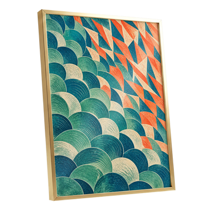 Arc & Ember, blue, green, beige abstract wall art shown as a gold framed poster wall art print