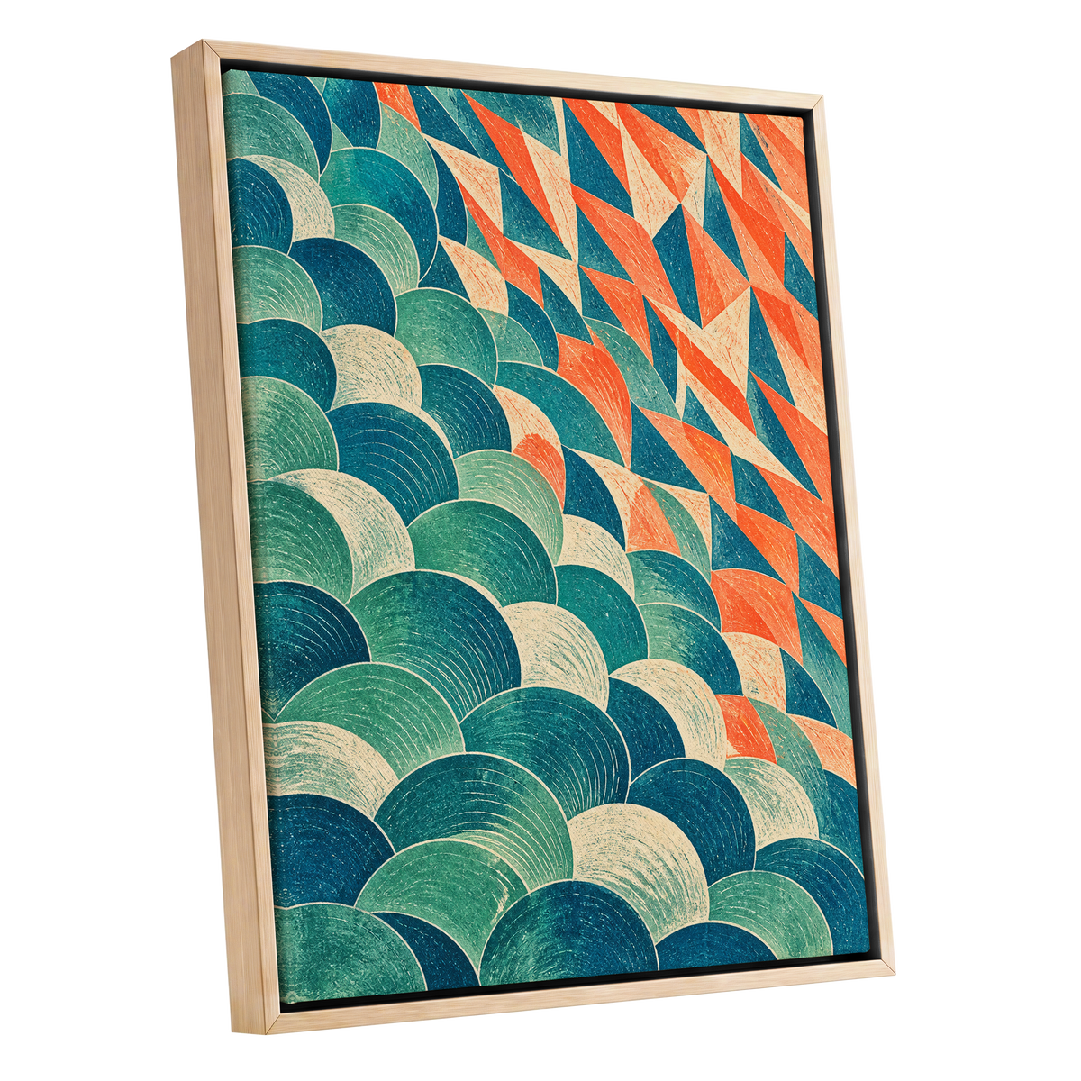 Arc & Ember, blue, green, beige abstract wall art shown as a oak framed canvas wall art