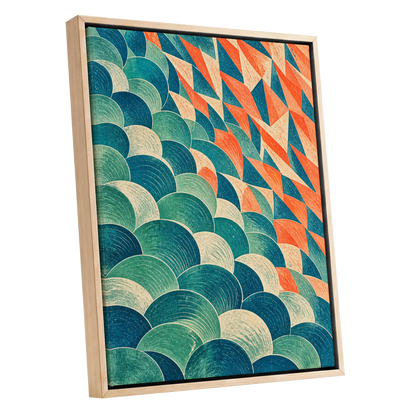 Arc & Ember, blue, green, beige abstract wall art shown as a oak framed canvas wall art
