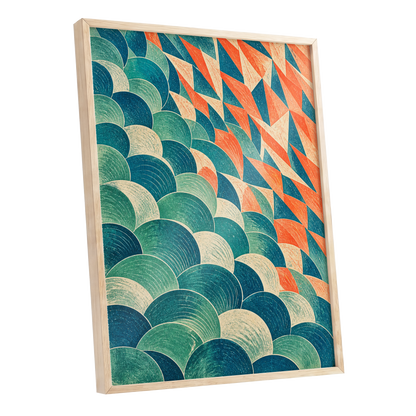 Arc & Ember, blue, green, beige abstract wall art shown as a oak framed poster wall art print
