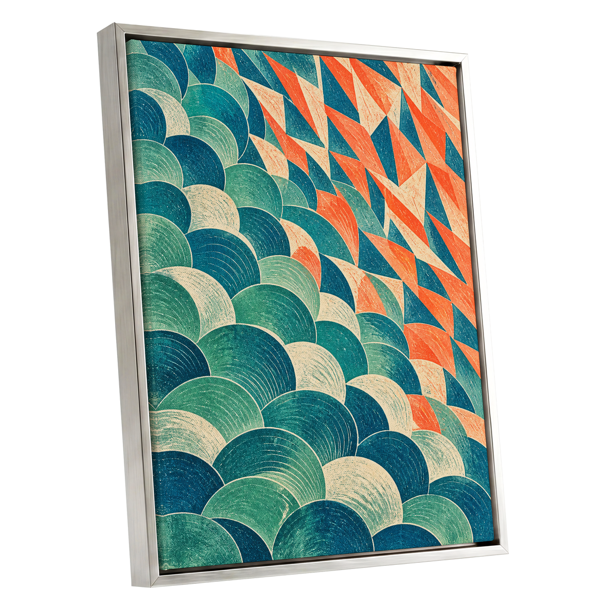 Arc & Ember, blue, green, beige abstract wall art shown as a silver framed canvas wall art