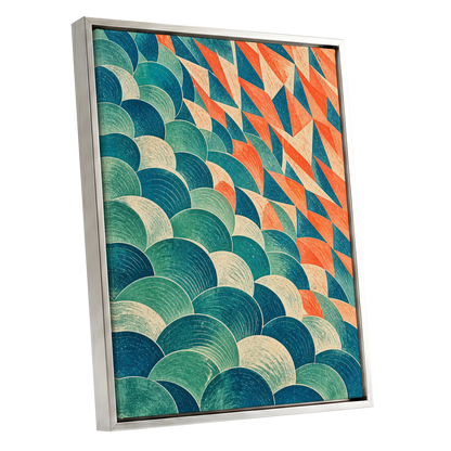 Arc & Ember, blue, green, beige abstract wall art shown as a silver framed canvas wall art