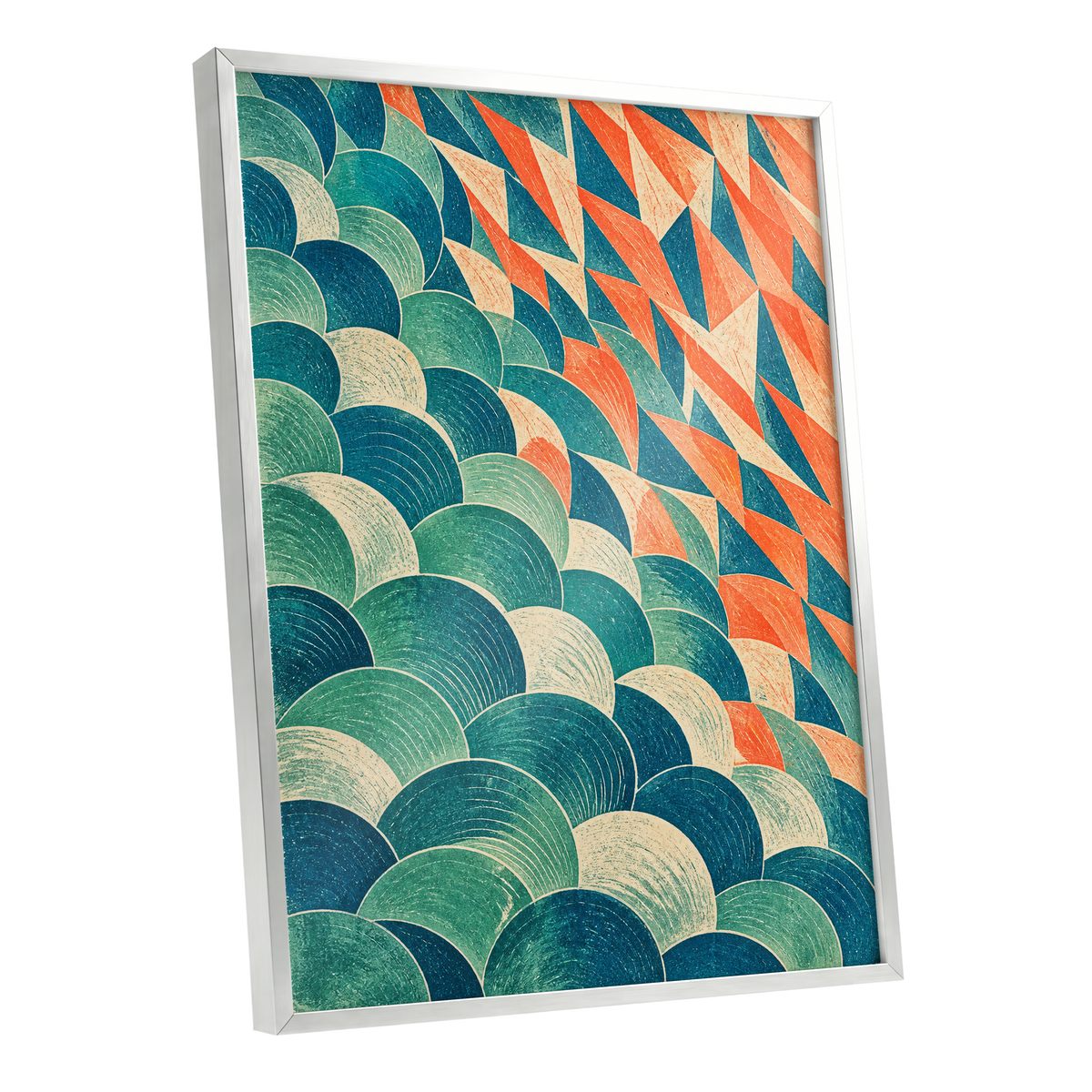 Arc & Ember, blue, green, beige abstract wall art shown as a silver framed poster wall art print