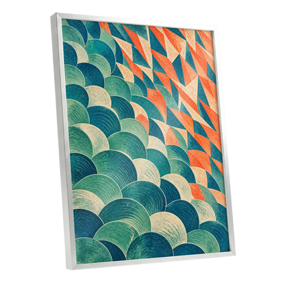 Arc & Ember, blue, green, beige abstract wall art shown as a silver framed poster wall art print