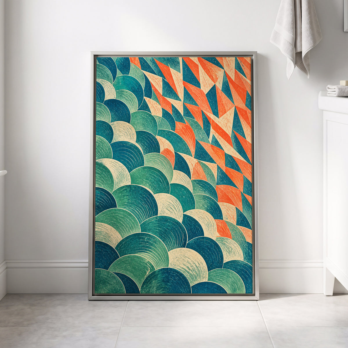 Arc & Ember, blue, green, beige abstract wall art displayed in a styled interior, gallery view 4