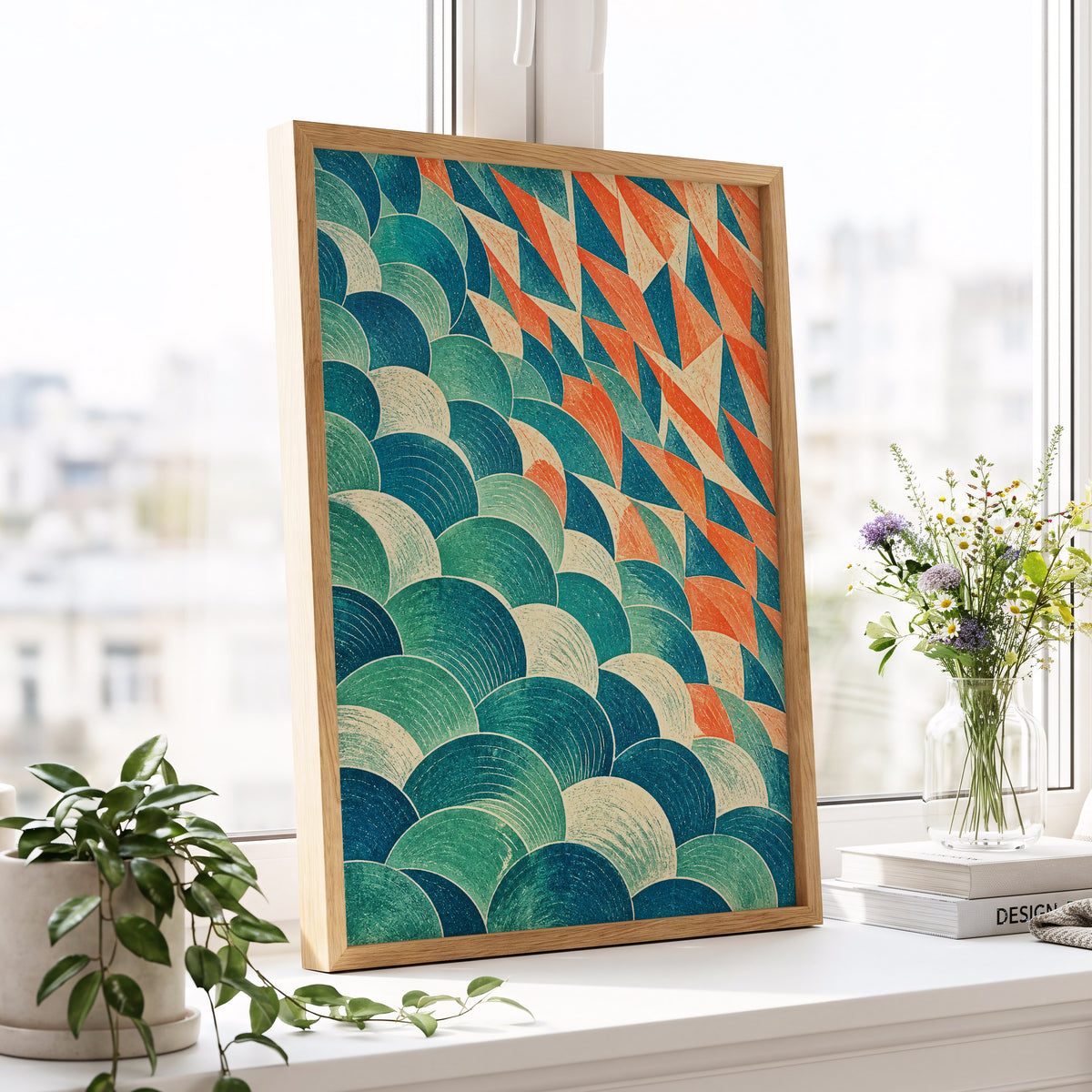 Arc & Ember, blue, green, beige abstract wall art displayed in a styled interior, gallery view 6