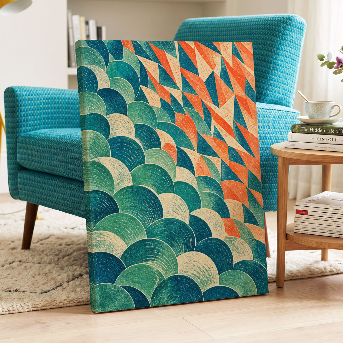Arc & Ember, blue, green, beige abstract wall art displayed in a styled interior, gallery view 7