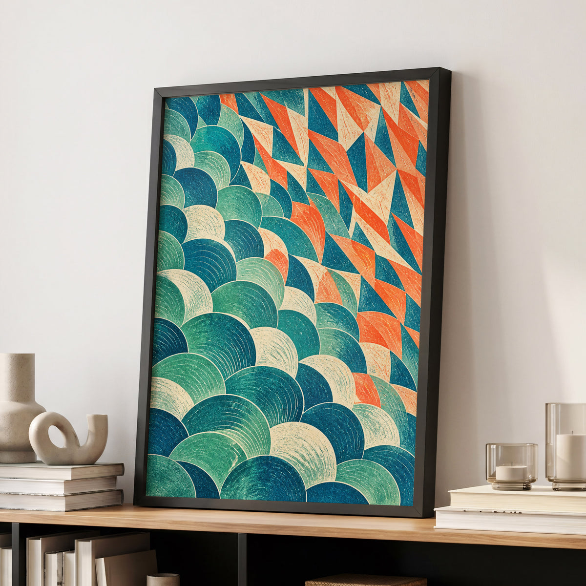 Arc & Ember, blue, green, beige abstract wall art displayed in a styled interior, gallery view 9