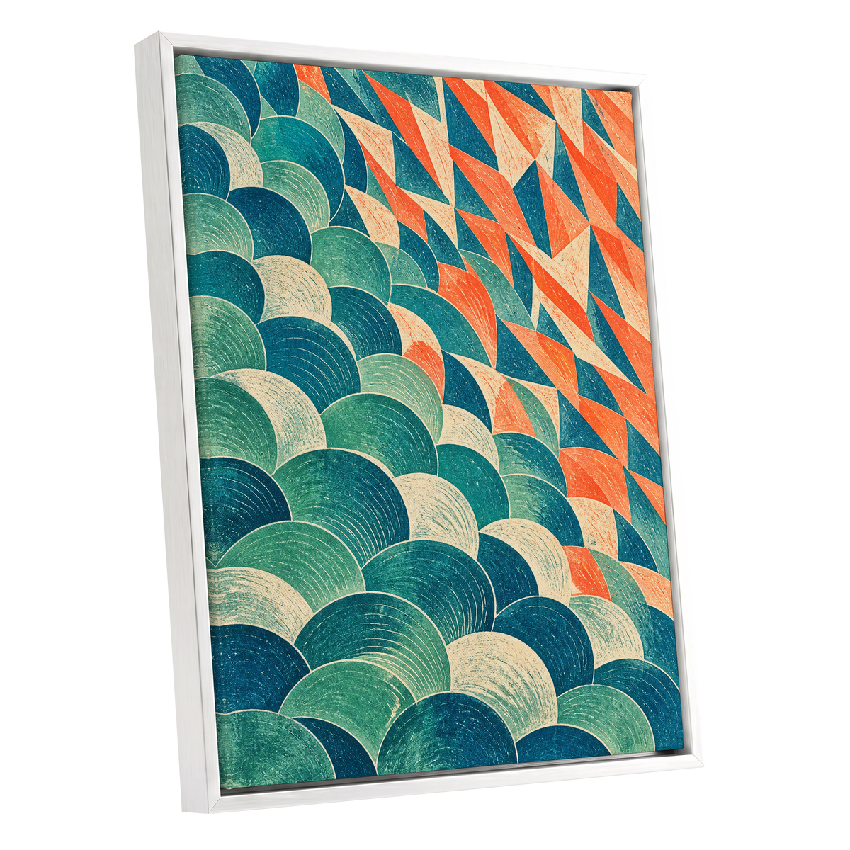 Arc & Ember, blue, green, beige abstract wall art shown as a white framed canvas wall art