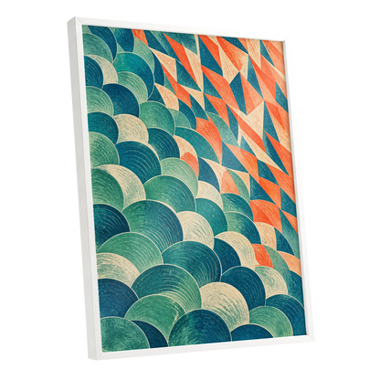 Arc & Ember, blue, green, beige abstract wall art shown as a white framed poster wall art print