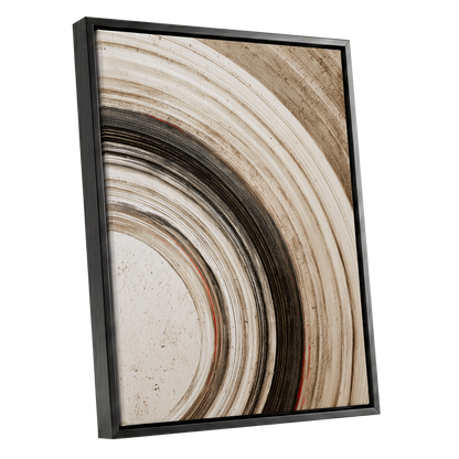 Arc of Stillness, black, beige, white abstract wall art shown as a black framed canvas wall art