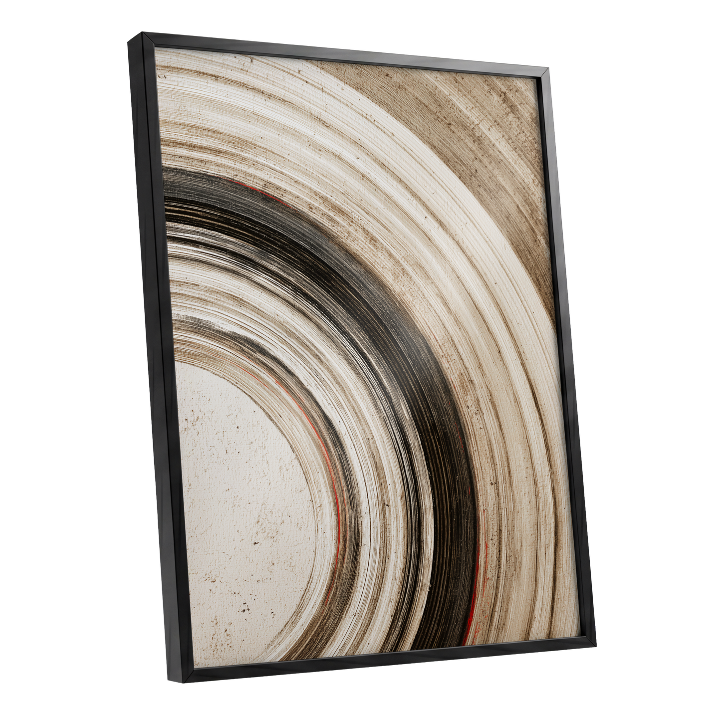 Arc of Stillness, black, beige, white abstract wall art shown as a black framed poster wall art print