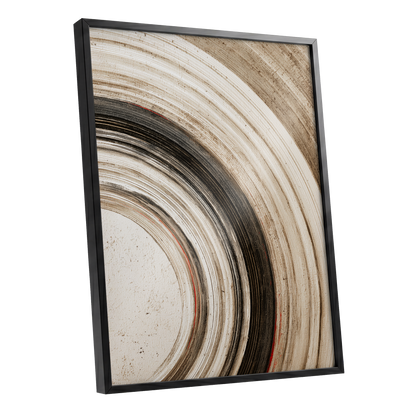 Arc of Stillness, black, beige, white abstract wall art shown as a black framed poster wall art print