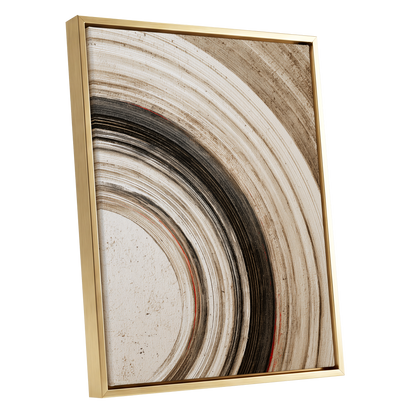 Arc of Stillness, black, beige, white abstract wall art shown as a gold framed canvas wall art
