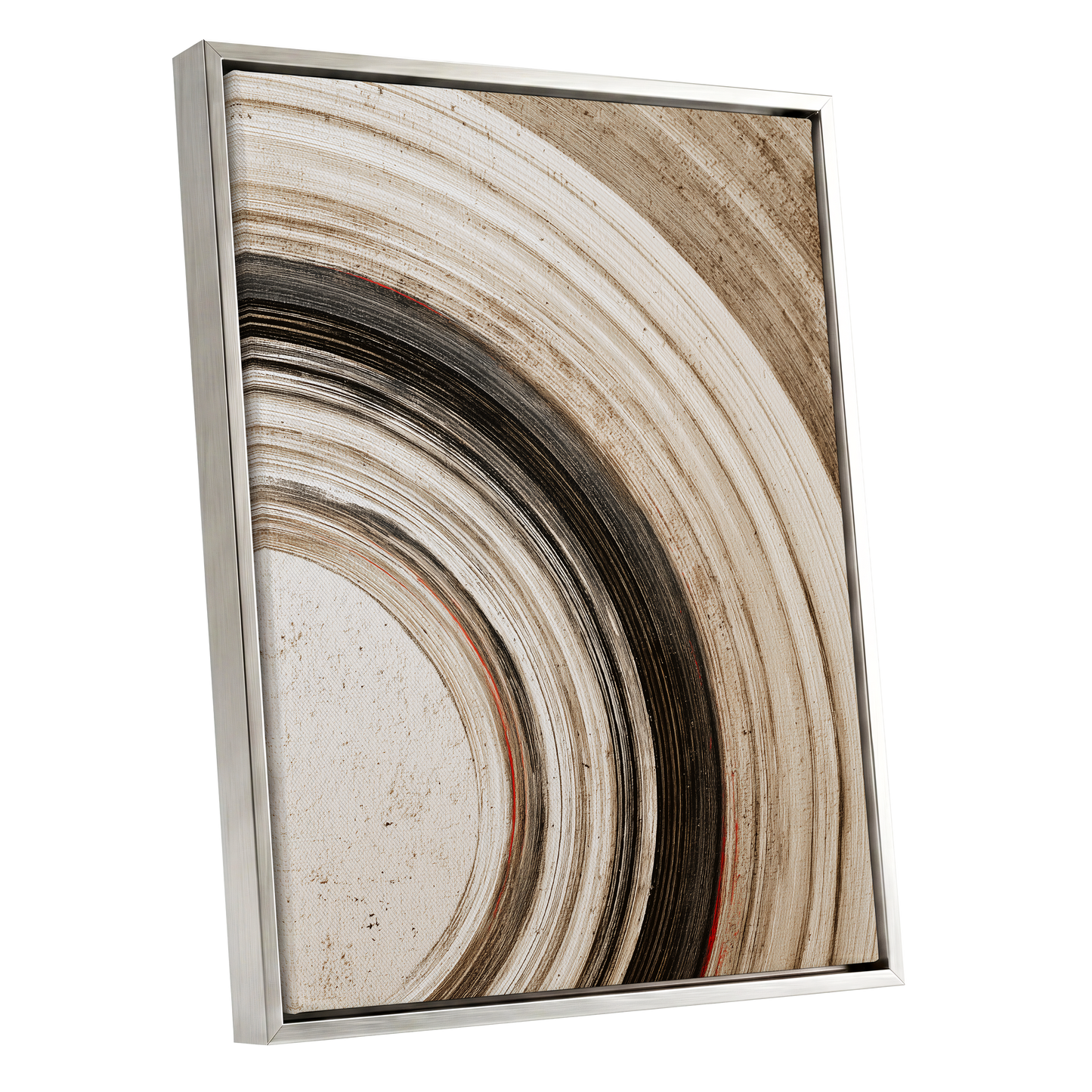 Arc of Stillness, black, beige, white abstract wall art shown as a silver framed canvas wall art