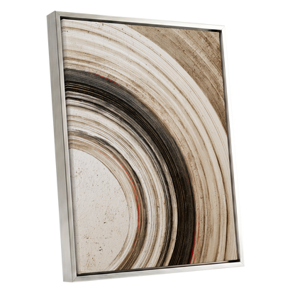 Arc of Stillness, black, beige, white abstract wall art shown as a silver framed canvas wall art