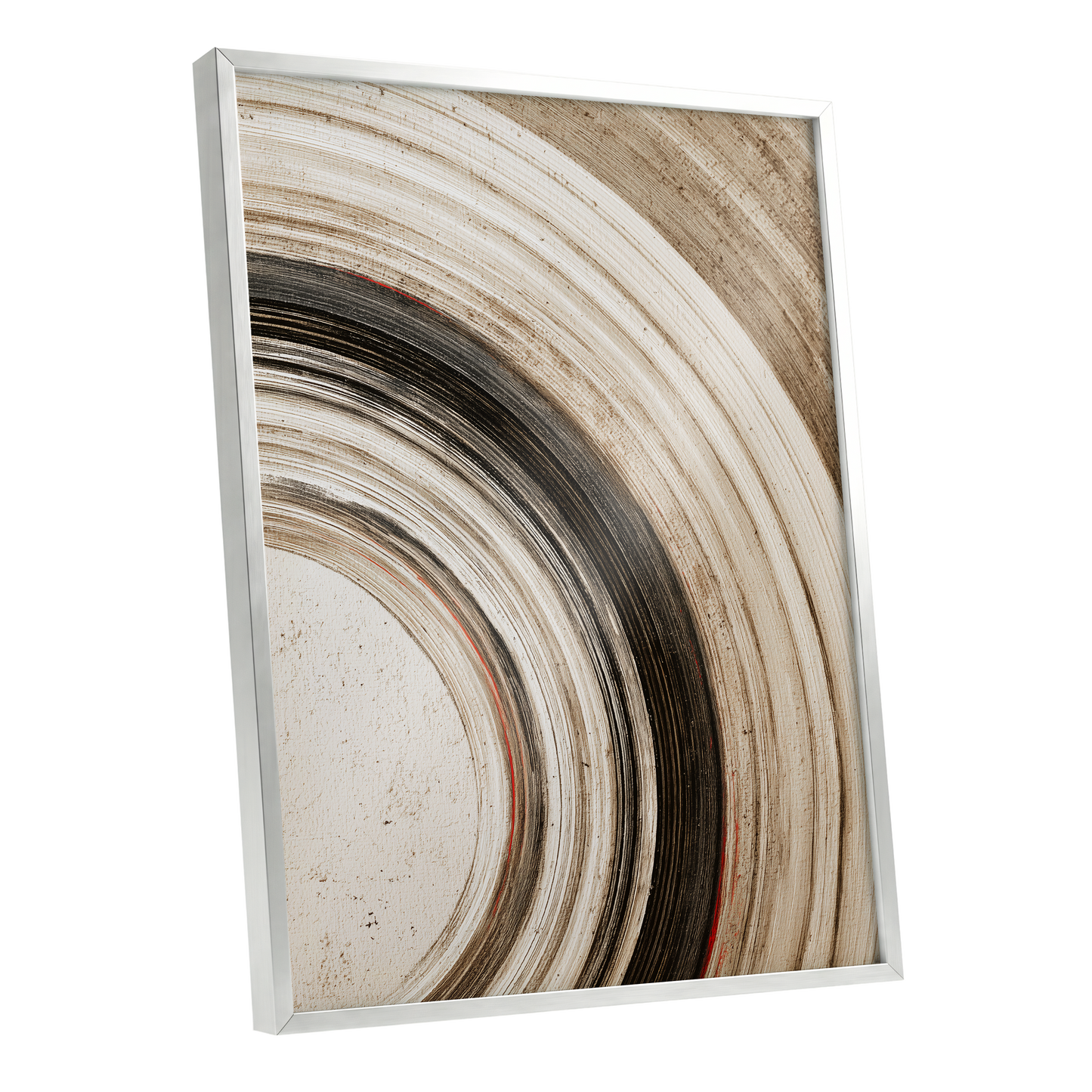 Arc of Stillness, black, beige, white abstract wall art shown as a silver framed poster wall art print
