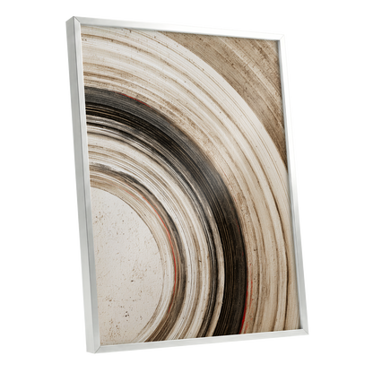 Arc of Stillness, black, beige, white abstract wall art shown as a silver framed poster wall art print