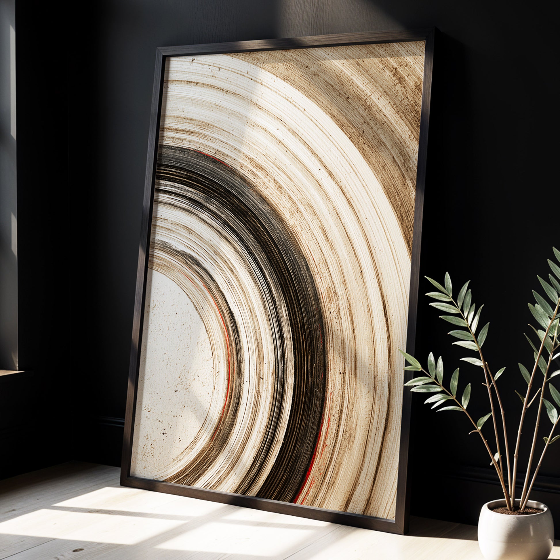 Arc of Stillness, black, beige, white abstract wall art displayed in a styled interior, gallery view 2
