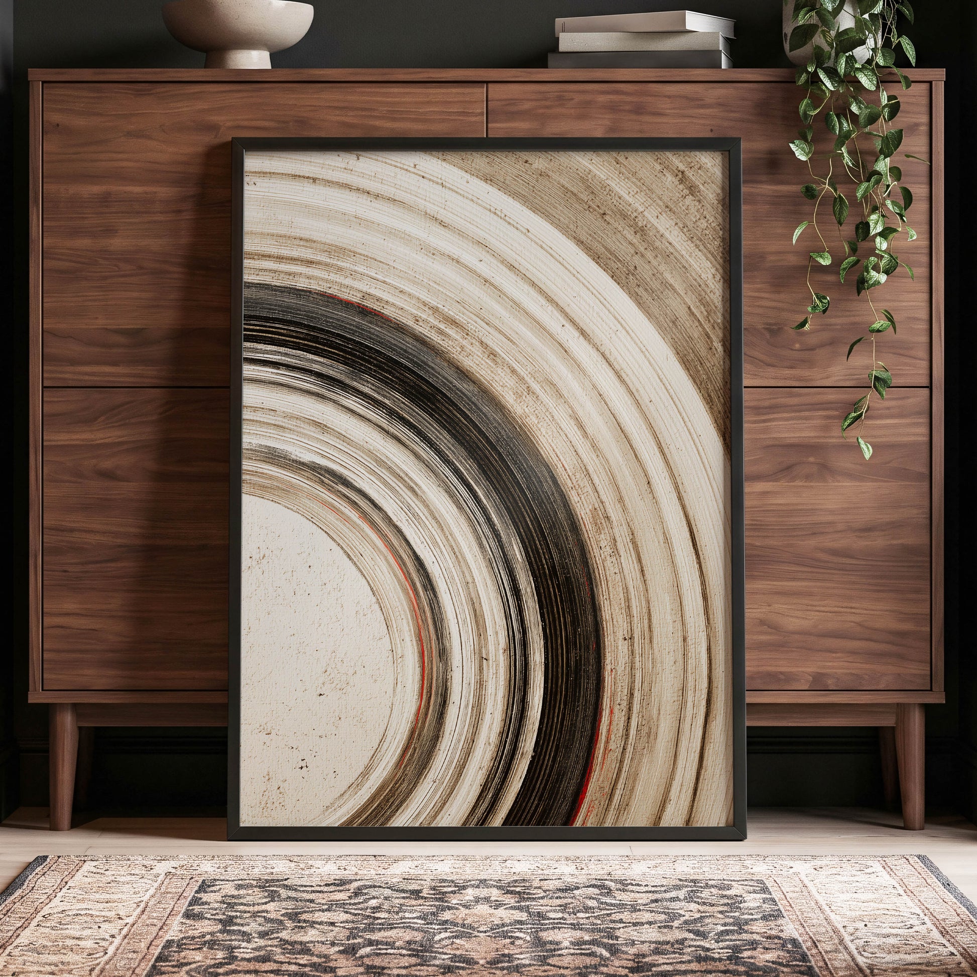 Arc of Stillness, black, beige, white abstract wall art displayed in a styled interior, gallery view 6