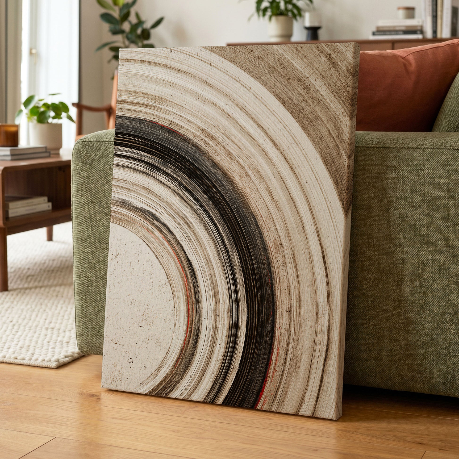 Arc of Stillness, black, beige, white abstract wall art displayed in a styled interior, gallery view 7
