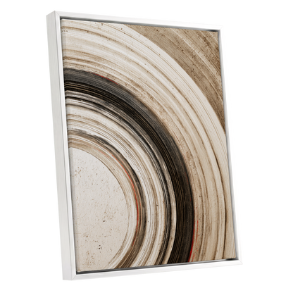 Arc of Stillness, black, beige, white abstract wall art shown as a white framed canvas wall art