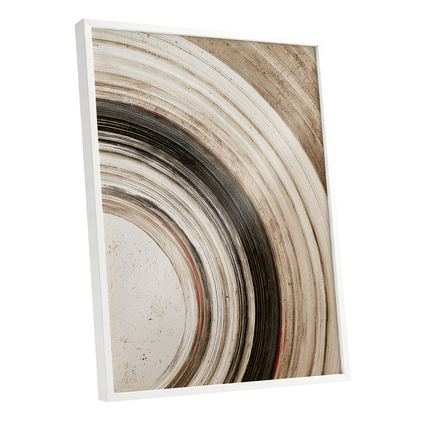 Arc of Stillness, black, beige, white abstract wall art shown as a white framed poster wall art print