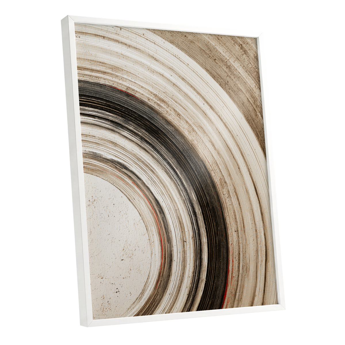 Arc of Stillness, black, beige, white abstract wall art shown as a white framed poster wall art print