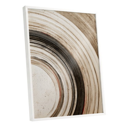 Arc of Stillness, black, beige, white abstract wall art shown as a white framed poster wall art print
