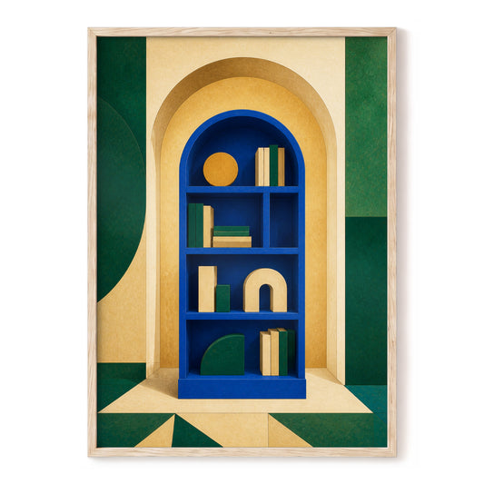 Arched Library in Blue, blue, green, beige minimalist wall art, front artwork view