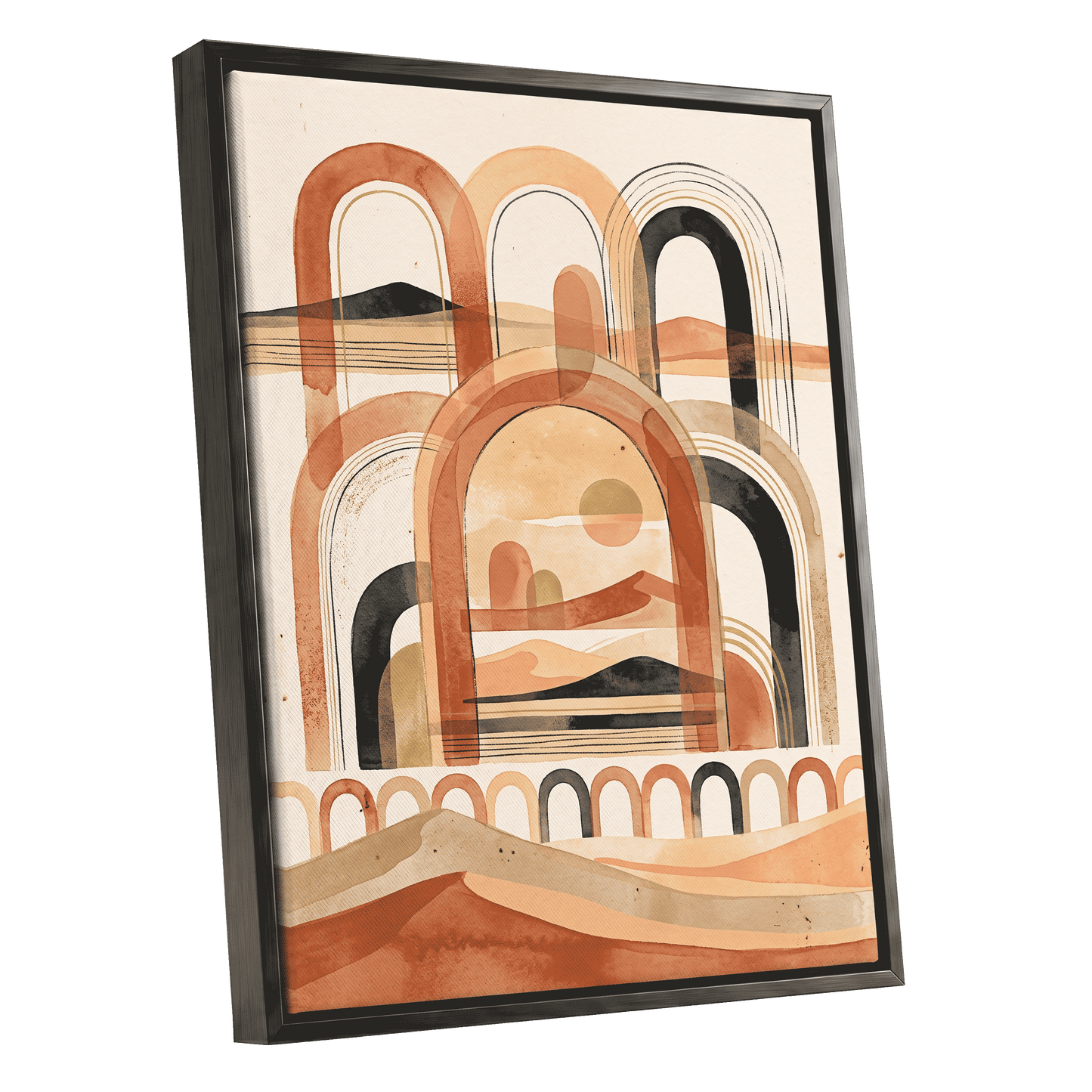 Arches Across the Dunes, beige, orange, black nature wall art shown as a black framed canvas wall art