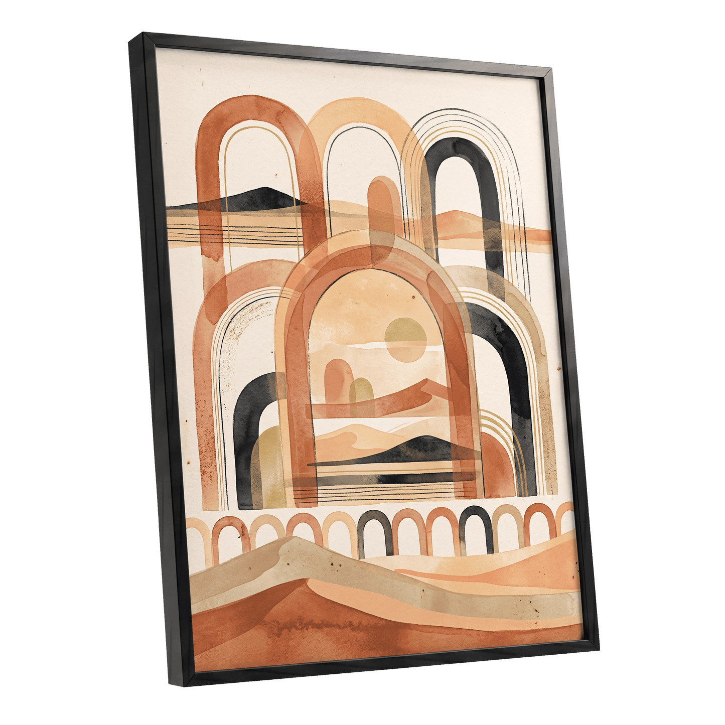 Arches Across the Dunes, beige, orange, black nature wall art shown as a black framed poster wall art print