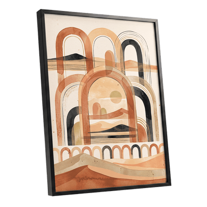 Arches Across the Dunes, beige, orange, black nature wall art shown as a black framed poster wall art print