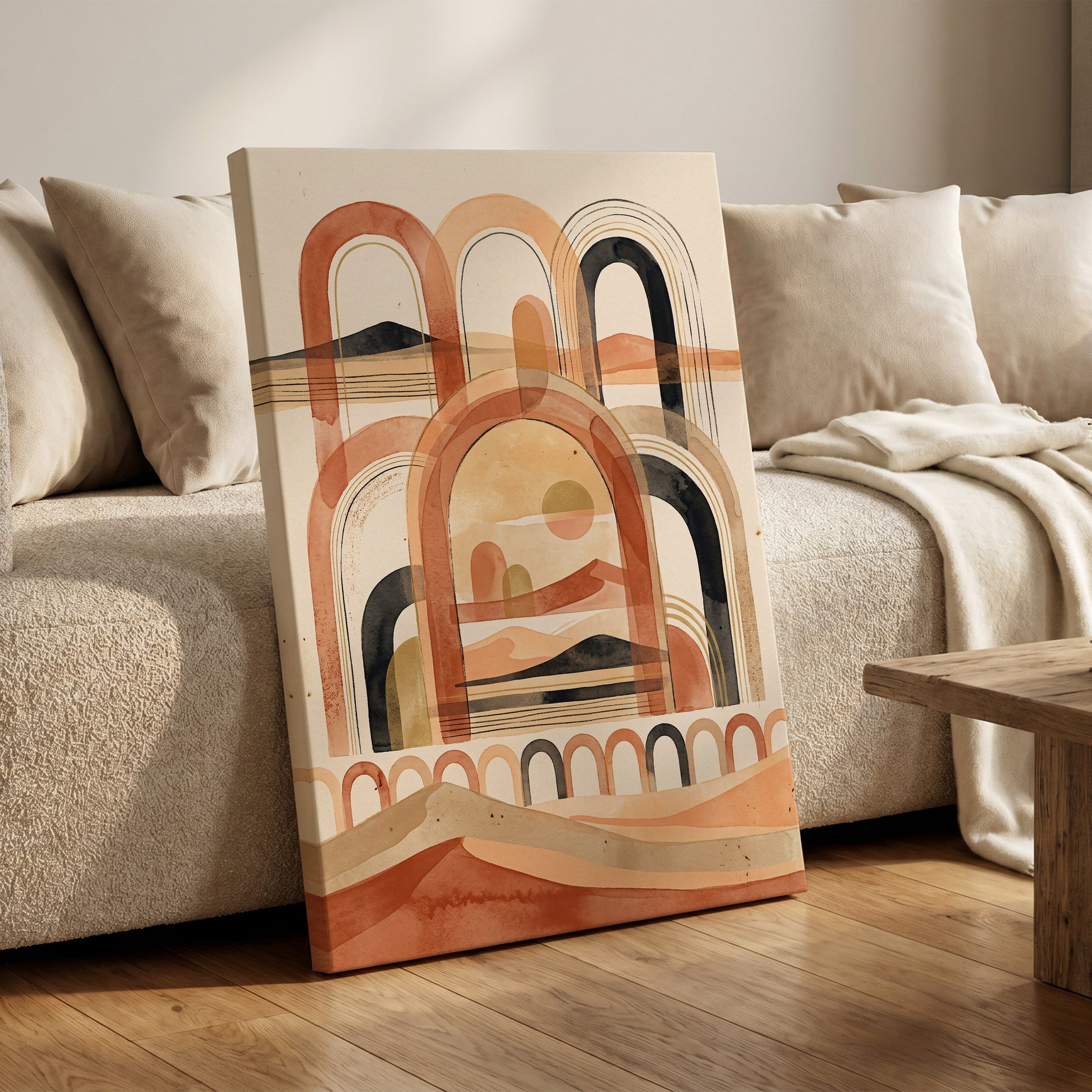 Arches Across the Dunes, beige, orange, black nature wall art on canvas displayed in a styled interior, gallery view 1