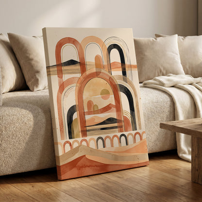 Arches Across the Dunes, beige, orange, black nature wall art on canvas displayed in a styled interior, gallery view 1