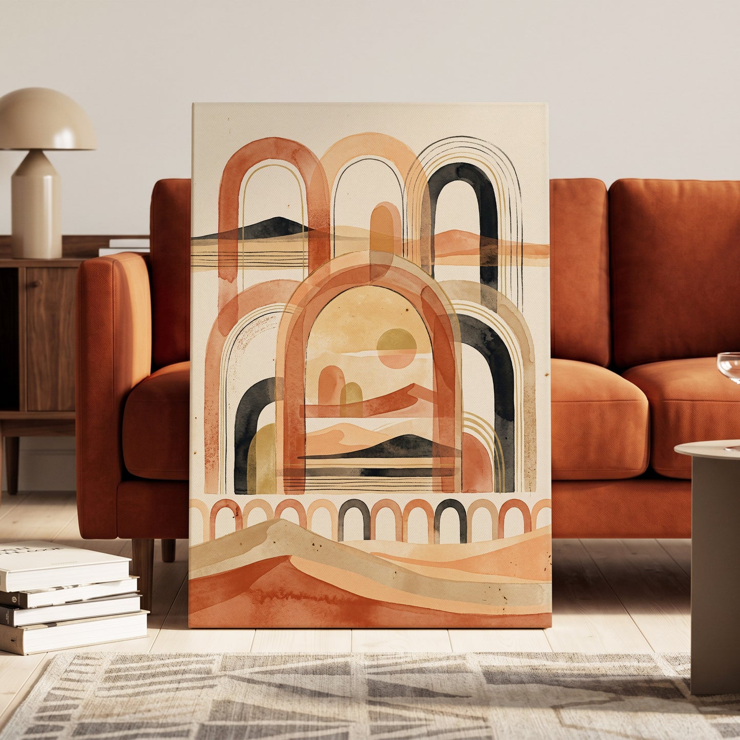 Arches Across the Dunes, beige, orange, black nature wall art on canvas displayed in a styled interior, gallery view 2