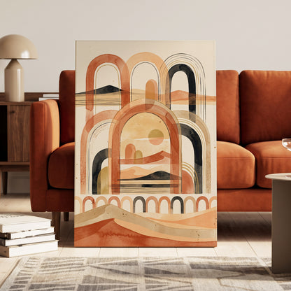 Arches Across the Dunes, beige, orange, black nature wall art on canvas displayed in a styled interior, gallery view 2