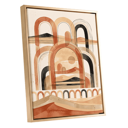 Arches Across the Dunes, beige, orange, black nature wall art shown as a gold framed canvas wall art