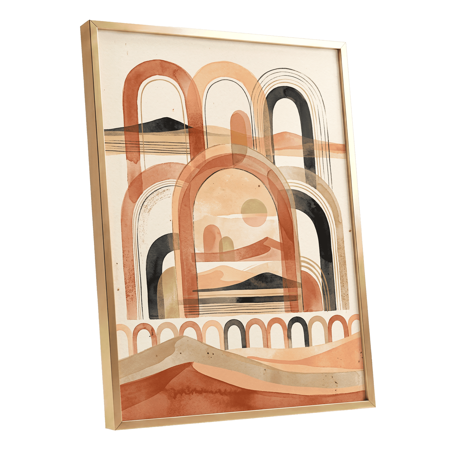 Arches Across the Dunes, beige, orange, black nature wall art shown as a gold framed poster wall art print