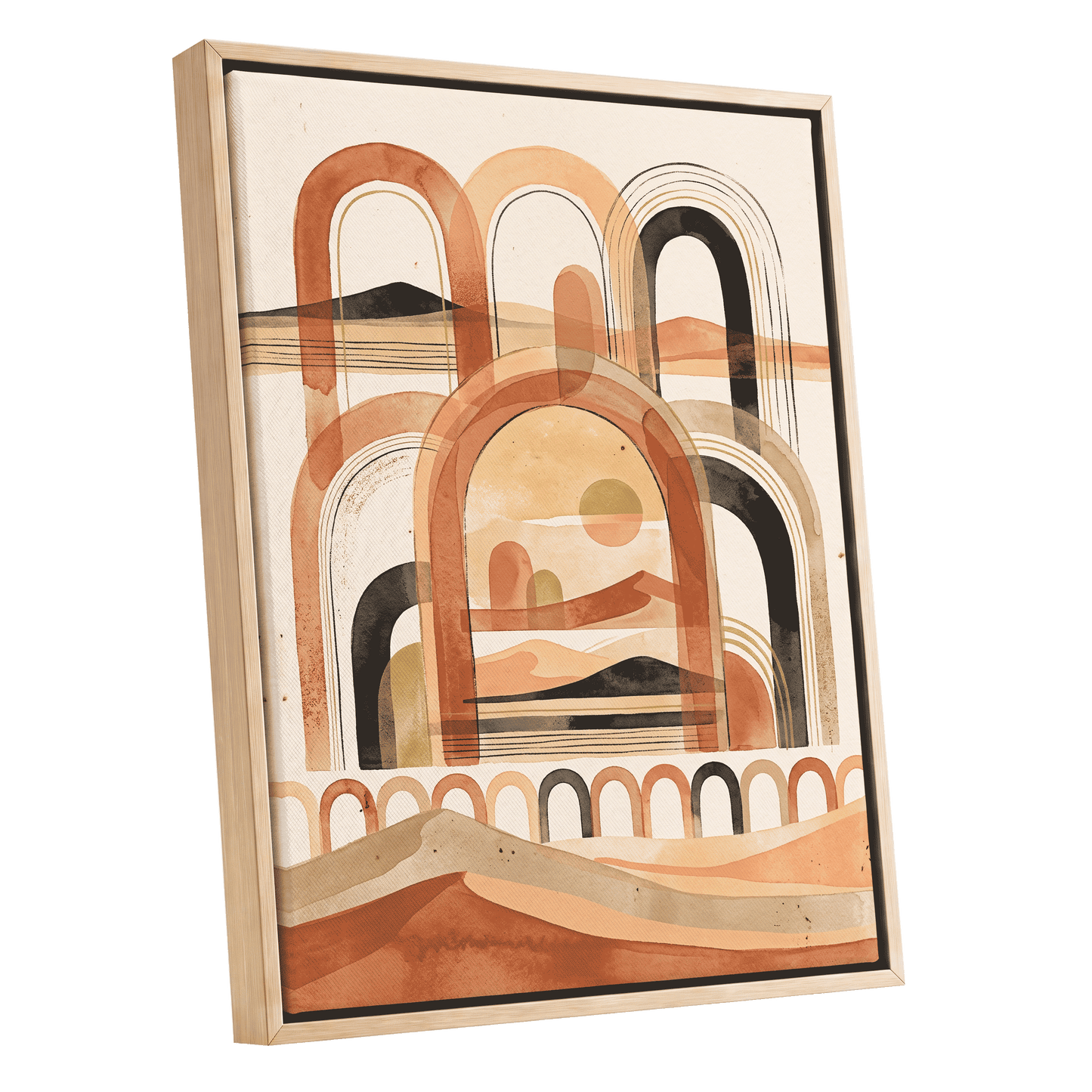 Arches Across the Dunes, beige, orange, black nature wall art shown as a oak framed canvas wall art